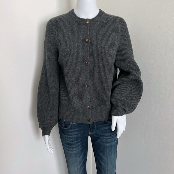 Lafayette 148 Women's Ribbed Cardigan Size S 100% Cashmere Gray Puff Sleeves - Picture 1 of 9